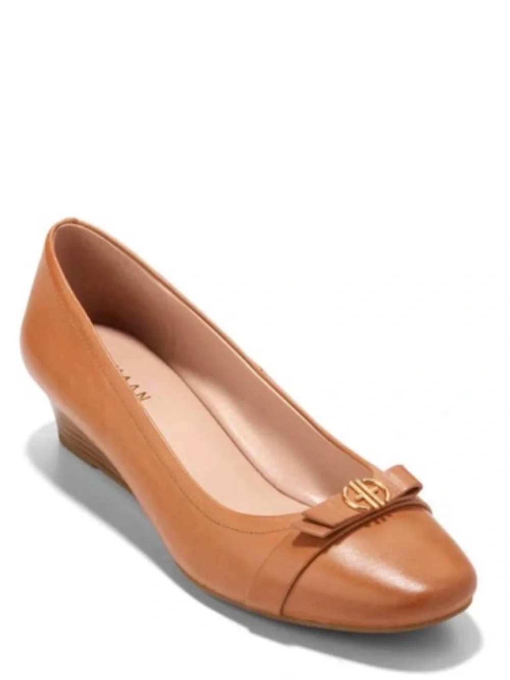Cole Haan Cognac Leather‎ Low Wedge Pump with Bow and Gold Logo